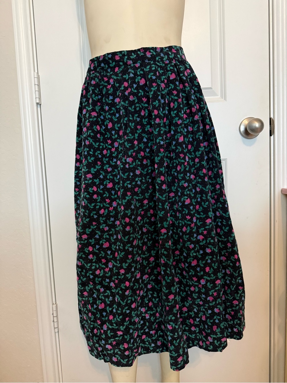 Vintage Black Corduroy Skirt with Pink, Green, and Blue Floral Print